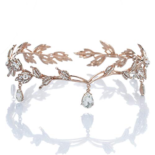 SWEETV Tiaras and Crowns for Women Wedding Tiara for Bride Elf Cosplay Crown Leaf Fairy Costume Headband Princess Hair Accessories for Prom Photoshoot Halloween Rose Gold