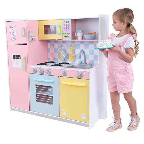 The dimensions of the KidKraft Wooden Large Pastel Play Kitchen are 4230 by 1760 by 4300 inches making it an ideal present for children aged three and above