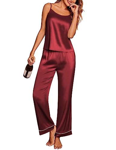 Ekouaer Women Satin Pajamas Sexy Silk Sleevless Pjs Set Summer Soft Camisole Tops and Pants Sleepwear with Pockets SXXL