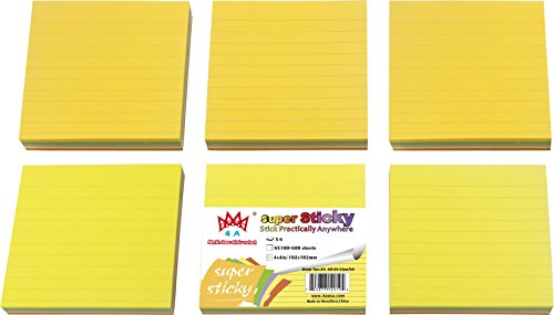 SelfAdhesive Notes 4 by 4 Inches Neon Assorted Colours Lined 100 Sheets per Pad 6 Pads per Pack 600 Sheets Total 4A Super Sticky 404SLx6