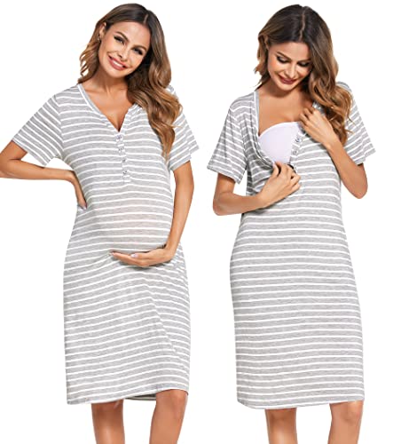 Ekouaer Women Short Sleeve Nightgown Striped Nursing Nightgown Breastfeeding Sleep Dress