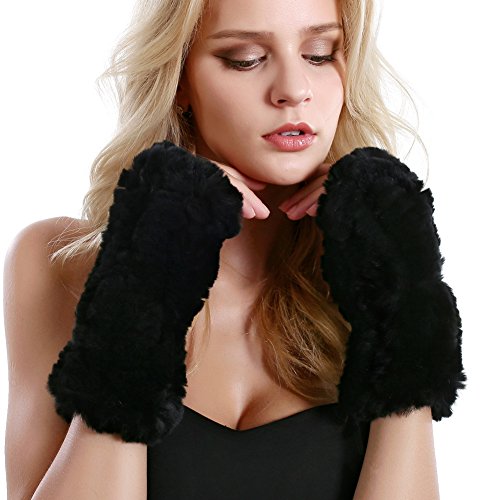 Women Fur Gloves  Real Rabbit Fur Mittens Winter Knit Warm Fingerless Hand Warmer