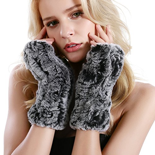 Women Fur Gloves  Real Rabbit Fur Mittens Winter Knit Warm Fingerless Hand Warmer