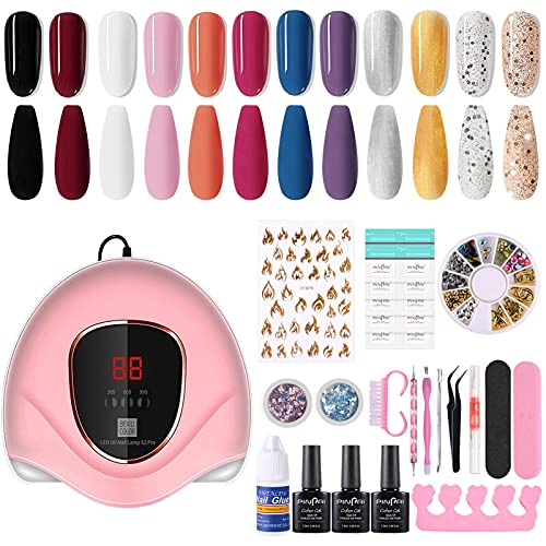 Gel Nail Polish Kit with UV Light 72W UVLED Nail Lamp Dryer12 Colors PinkGlitter Gel Nail Polish Set Base Top Coat with Full DIY Manicure Nail Tools Nail Art Decorations Gift Set Pink 31 Pcs