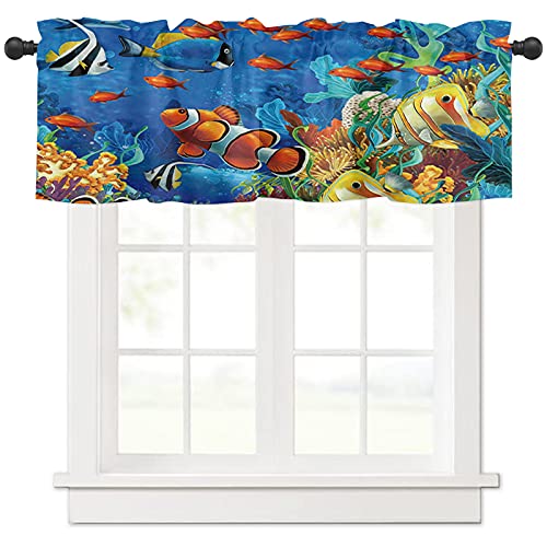 Window Curtains Vanlance Rod Pocket Curtain Drapery for Living Room Kitchen Bathroom Ocean Fish Scale Geometric SoftWashable Small Window Treatment Valances Black Gold 1 Panel 54x18inch