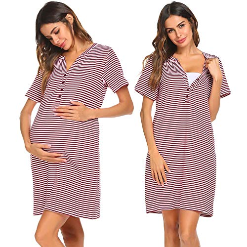 Ekouaer Women Short Sleeve Nightgown Striped Nursing Nightgown Breastfeeding Sleep Dress