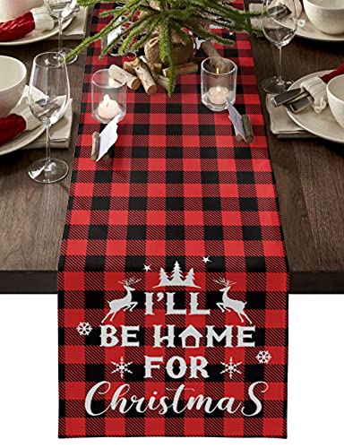 Libaoge Christmas Table Runner 36 inches Long Merry Gnome Snowflake Red Buffalo Plaid Burlap Coffee Table Runners for Thanksgiving DinnerPartiesWeddingFamily Gathering 13x36in