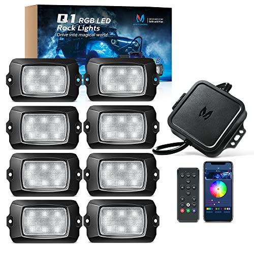 MICTUNING Q1 RGB LED Rock Lights  4 Pods Multicolor Underglow Neon Light Waterproof Underbody Lighting Kit with APP Control Remote Control Music Mode