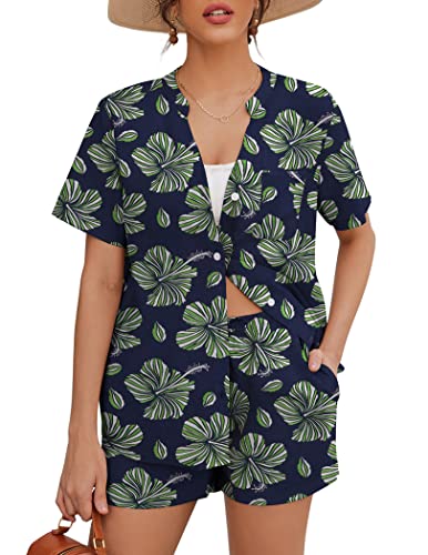 Ekouaer Pajamas Set for Women Hawaiian Printed Loungewear Button Down Two Piece Beach Outfits Soft Tracksuits SXXL