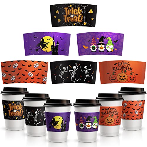 36 Pcs Halloween Coffee Cups Sleeves Disposable Double Layer Paper Sleeves Corrugated Cup Paper Jacket Halloween Coffee Sleeves for 12oz 16oz Hot Chocolate Coffee Tea or Cold Beverage 6 Design