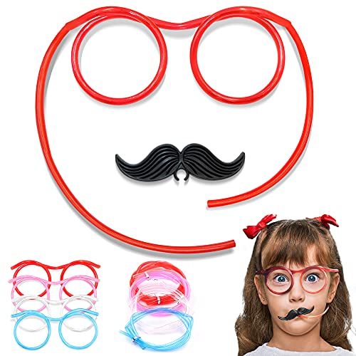 Novelty Place Silly Straw Glasses with Mustache 4 Pieces  4 Colors  Funny Reusable Drinking Straw Eye Glasses Loop for Kids  Birthday Party Family Picnic Office  More