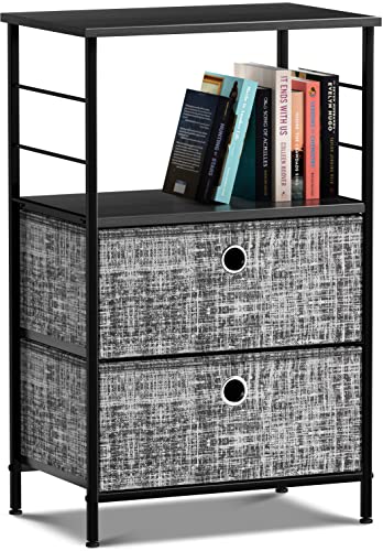 Sorbus Nightstand 2Drawer Shelf Storage  Bedside Furniture  Accent End Table Chest for Home Bedroom Office College Dorm Steel Frame Wood Top Easy Pull Fabric Bins BlackCharcoal