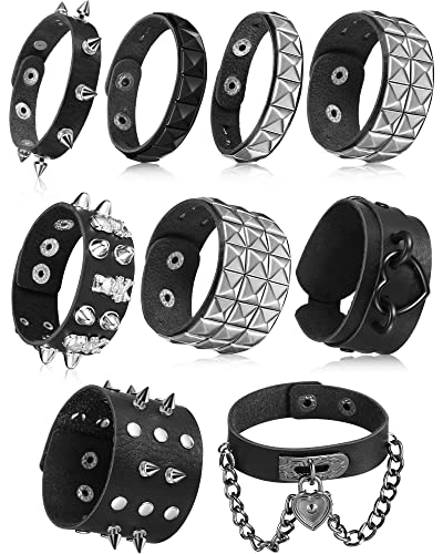 9 Pieces Spiked Studded Bracelet Black Leather Rivet Punk Bracelet Cuff Wrap Bangle Snap Button Metal Wristband for Men Women