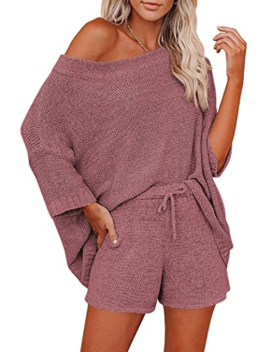 Ekouaer Women 2 Piece Outfits Sweater Sets Off Shoulder Knit Pajama Set 34 Sleeve Tops Drawstring Waist Shorts Suits