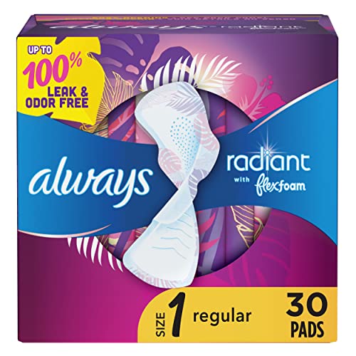 Always Radiant Feminine Pads For Women Size 1 Regular Absorbency With Flexfoam With Wings Scented 30 Count