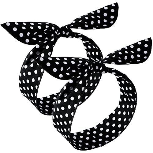 2 Pieces Polka Dot Headbands for Girls and Women Headband Retro Bandana 50s Wire Headband Vintage Print Christmas Hairband Black