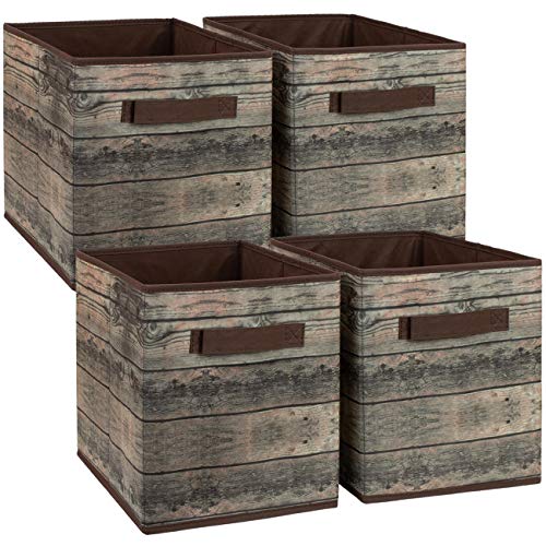 Sorbus Foldable Storage Cube Basket Bin Rustic Wood Grain Print 4Pack Rustic Bin  Brown