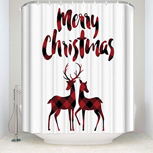 Libaoge Red Black Buffalo Check Plaid Christmas Reindeer Merry Christmas Soap Free Waterproof Polyester Fabric Bathroom White Shower Curtain 48x72 Xmas Elk