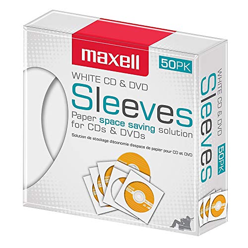 Maxell 190135 Protective Thin Clear Plastic Easy Storage CD  DVD Sleeves White 50 Pack Paper