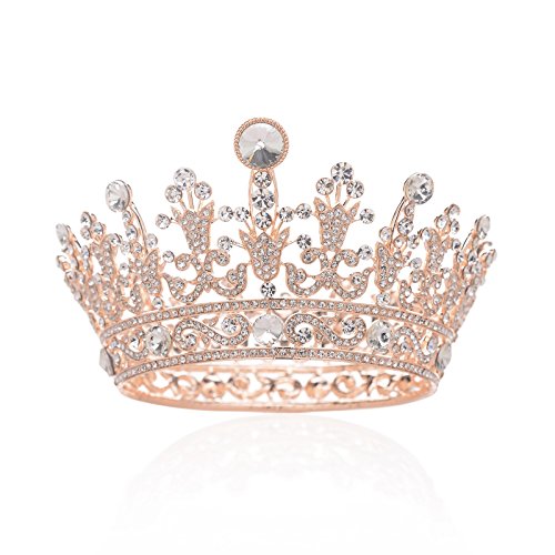 SWEETV Crystal Queen Crown for Women Full Round Birthday Tiara Cake Topper Pageant Prom Wedding Tiara Crown for Birde Rose Gold