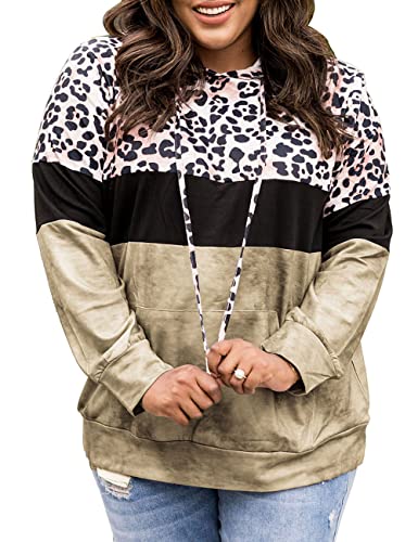 LALAGEN Women39s Plus Size Hoodies Long Sleeve Leopard Printed Sweatshirts Casual Drawstring Pullover Tops with Pocket