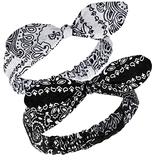 2 Pieces Bandana Headband for Women and Girls Knot Retro Print Headbands Paisley Print Headband Headwrap for Girls and Women Black