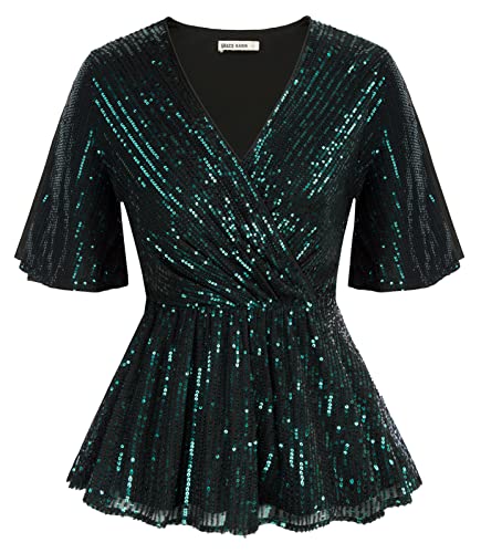 GRACE KARIN Womens Sequin Tops Sparkle Shimmer Ruffle Wrap Blouse Party Shirt V Neck Short Split Sleeve Peplum Top