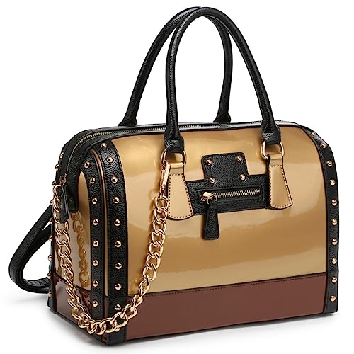 Shiny Patent Faux Leather Handbags Barrel Top Handle Satchel Bag Shoulder Bag for Women