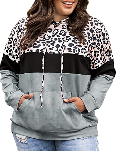 LALAGEN Women39s Plus Size Hoodies Long Sleeve Leopard Printed Sweatshirts Casual Drawstring Pullover Tops with Pocket