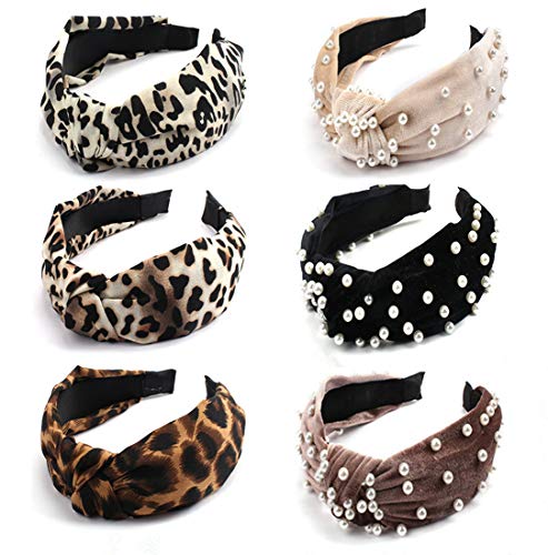 Ondder Headbands for Women 6 Pack Knotted Fashion Turban Headbands Wide Headband Cheetah Headbands Velvet Pearl Headbands Top Knot Women Headbands Head Bands Hair Accessories for Women Girls