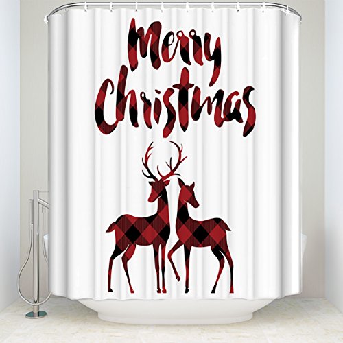 Libaoge Red Black Buffalo Check Plaid Christmas Reindeer Merry Christmas Soap Free Waterproof Polyester Fabric Bathroom White Shower Curtain 48x72 Xmas Elk