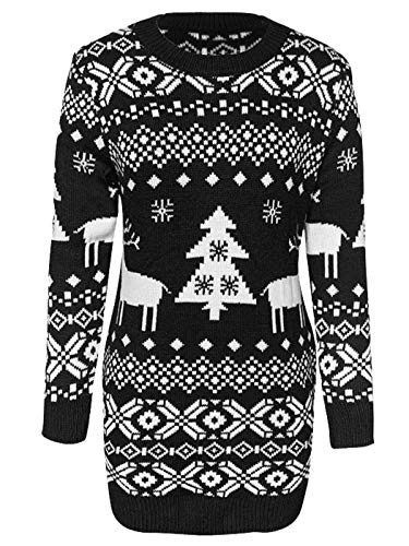 AnnaKaci Women39s Christmas Sweater Long Sleeve Reindeer Tree Snowflakes Patterns Knit Sweater Dress