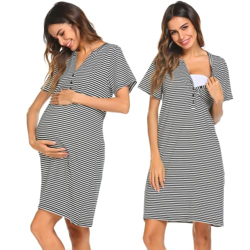 Ekouaer Women Short Sleeve Nightgown Striped Nursing Nightgown Breastfeeding Sleep Dress