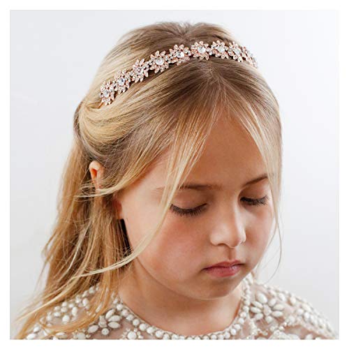 SWEETV Rose Gold Flower Girl Headband Wedding Headpiece for Girls Princess Crystal Tiara Hair Accessories for Birthday Party Photography