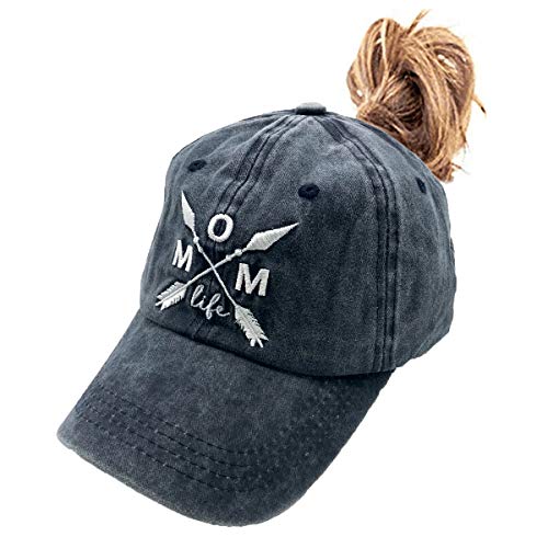 LOKIDVE Mom Life Arrow Ponytail Hat Messy High Bun Distressed Baseball Cap