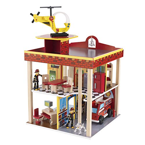 The KidKraft Wooden Fire Station Set with 360 Degree Play features a wooden construction working garage doors bendable figures and is suitable for children aged three and up