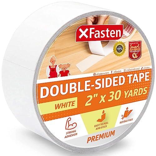 XFasten Double Sided Tape White Removable and ResidueFree 2Inch x 30 Yards Surface Safe TwoSided Sticky Adhesive Tape for Wall Floor Clothes Rug Fabric Crafts and Scrapbooking