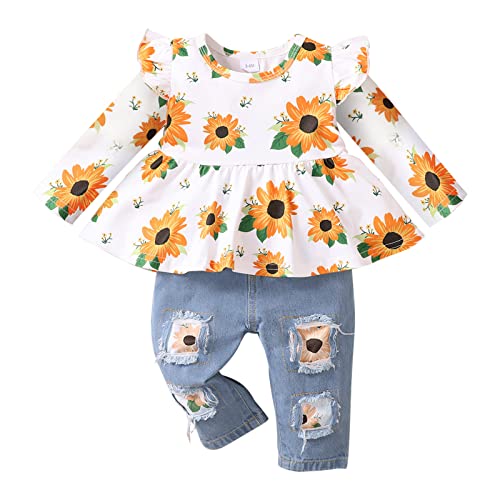 PATPAT Baby Girl Clothes Set Infant Toddler Denim Girl Outfits Flower Ruffle Top with Ripped Denim Jeans Pant Sets 324M