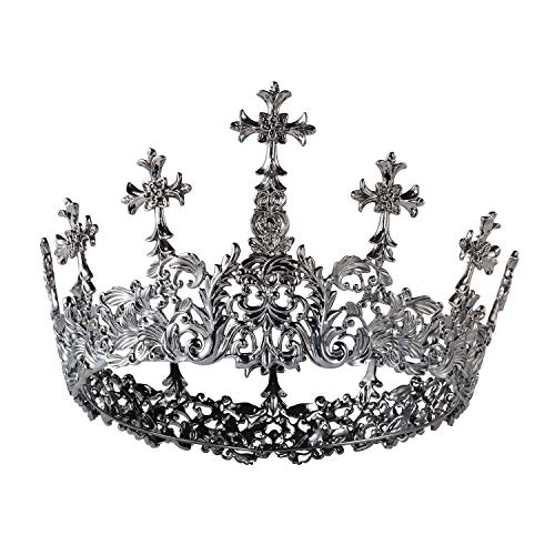 SWEETV Gothic Queen Crown for Women Black Leaf Tiara Halloween Pageant Crown with Cross Decor Costume Party Accessories for Day of the Dead Cosplay