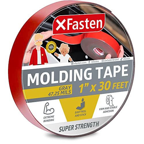 XFasten Super Strength Automotive Molding Tape Gray 1Inch x 30Foot Double Sided Exterior Mounting Tape for Auto Body Molding Trim Side Mirror Emblem Nameplate and Outdoor Applications