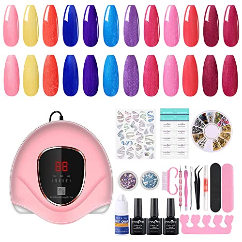 Gel Nail Polish Kit with UV Light 72W UVLED Nail Lamp Dryer12 Colors PinkGlitter Gel Nail Polish Set Base Top Coat with Full DIY Manicure Nail Tools Nail Art Decorations Gift Set Pink 31 Pcs