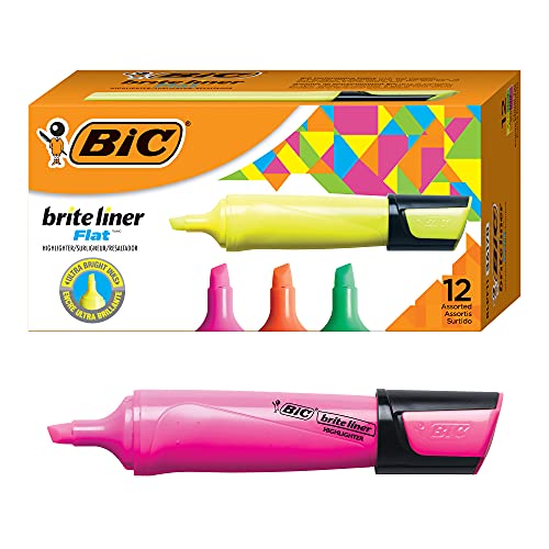 BIC Brite Liner Flat Highlighter Chisel Tip For Broad Highlighting  Fine Underlining Assorted Colors 12Count