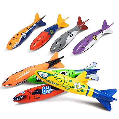 Novelty Place 8 Pack Torpedo Bandits Diving Toy Rockets  Swimming Pool Underwater Game for Kids and Adults  Shark Design 8 Colors