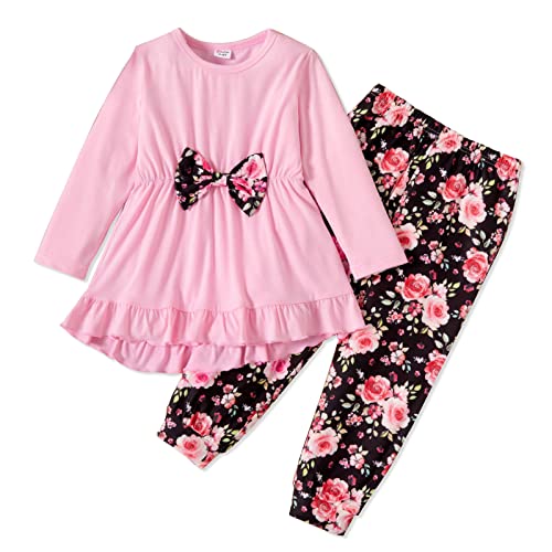 PATPAT 2piece Toddler Girl Bowknot Design Ruffle Hem Longsleeve Pink Top and Floral Print Pants Set