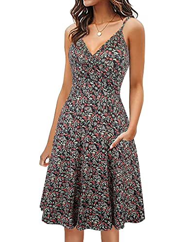 oxiuly Women39s V Neck Ruched Summer Casual Dress Spaghetti Strap Floral Sundress Fit and Flare Party Dresses OX388