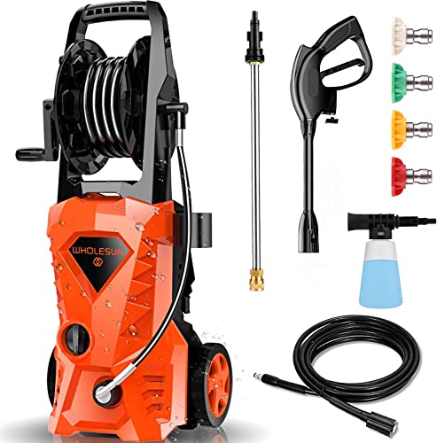 Pressure Washer WHOLESUN Electric Pressure WasherPower Washer with Hose Reel and Brush1500W High Pressure Washer for Driveway Fence Patio Deck Cleaning