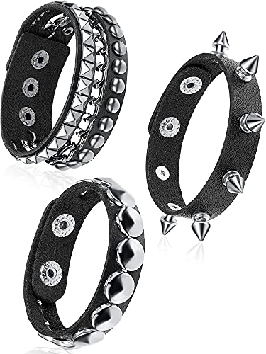 3 Pieces Leather Studded Punk Bracelet for Men Women 80s Studded Wristband Goth Punk Rock Bracelet Spike Rivet Cuff Bangle Unisex Metal for Halloween Party Favors Accessories