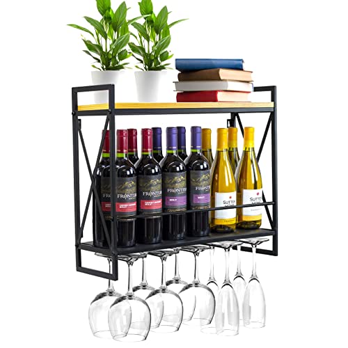 Sorbus Wine Bottle Stemware Glass Rack Industrial 2Tier Wood Shelf Wall Mounted Wine Racks with 5 Stem Glass Holders for Wine Glasses Flutes Mugs Home Décor Metal