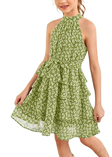 Imily Bela Girls Floral Ruffle Dress Halter Neck Kids Chiffon Summer Party Dress with Belt