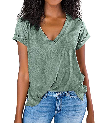 Imily Bela Womens V Neck Tshirts Summer Tops Casual Short Sleeve Loose Side Slit T Shirt